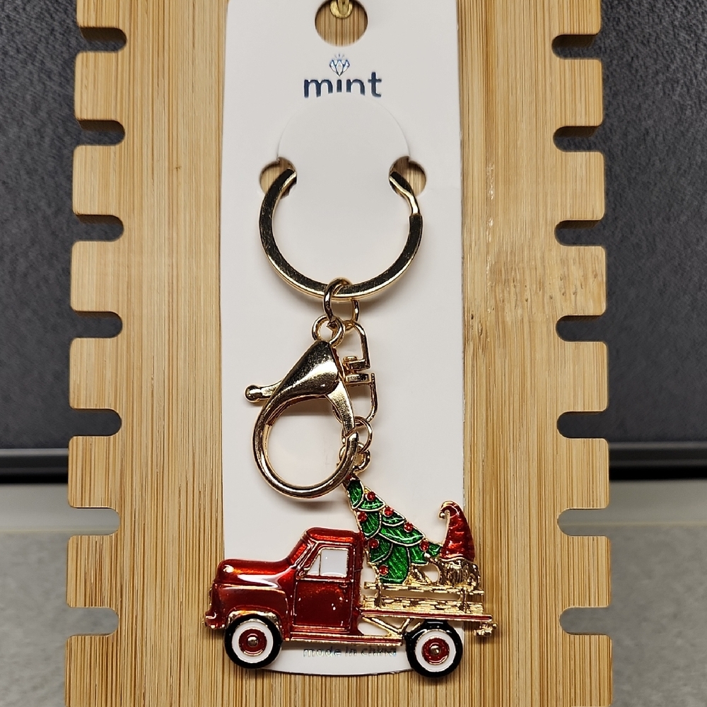 Mint Festive Red Truck With Tree And Gnome Keychain/Bag Charm, Gold Tone